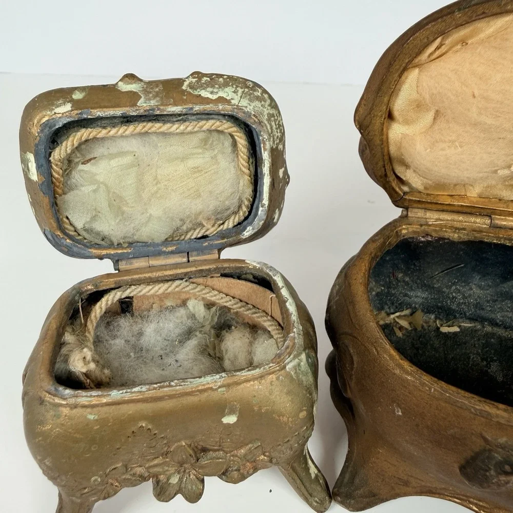 2 Antique Victorian Jewelry Trinket Box Art Nouveau Casket Gold Gilt Floral Rose